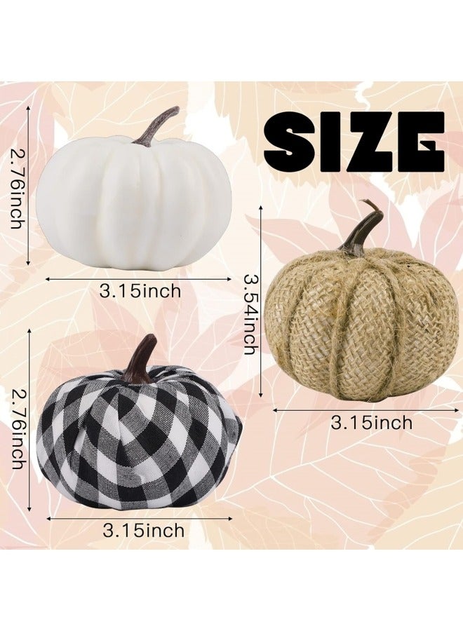12Pcs Artificial White Pumpkins Burlap Pumpkins and Plaid Pumpkins Assorted Fake Harvest Pumpkins for Fall Wedding Autumn Thanksgiving Festival Party Decoration Photography Prop