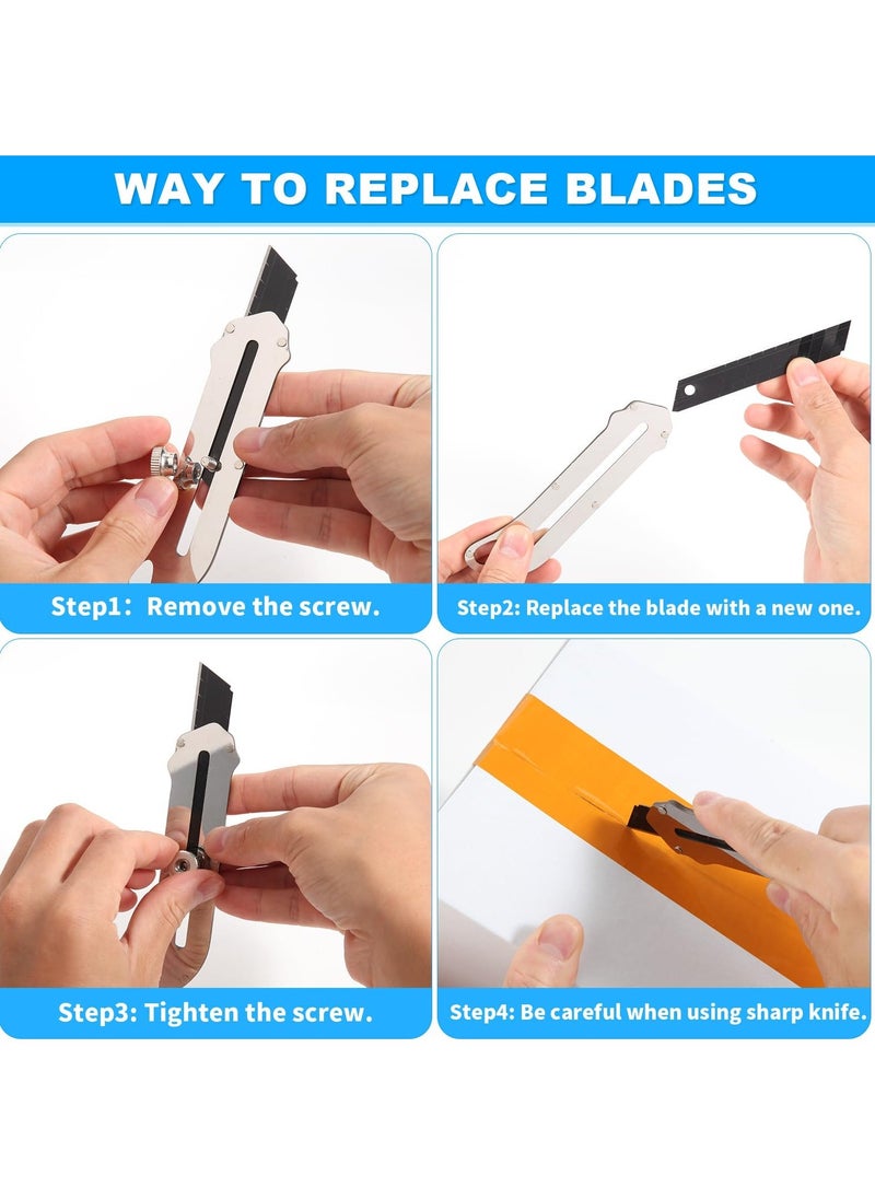 5 Pcs Retractable Utility Knife, Stainless Steel Utility Knife, Heavy Duty Multifunctional Box Cutter with 50 Pcs Replaceable Blades for Office, Home, School