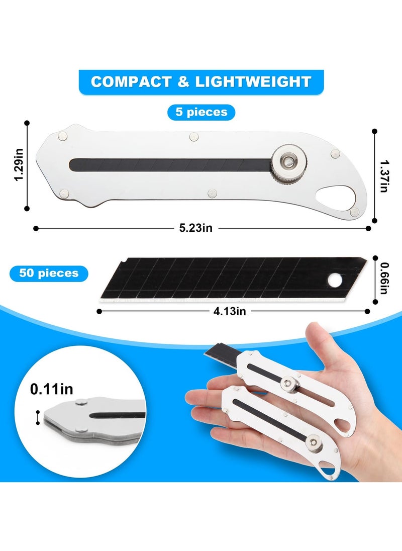 5 Pcs Retractable Utility Knife, Stainless Steel Utility Knife, Heavy Duty Multifunctional Box Cutter with 50 Pcs Replaceable Blades for Office, Home, School