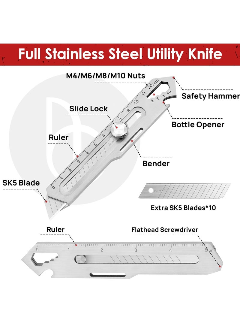 2 Pcs Utility Knife, Stainless Steel Retractable Box Cutter, Multifunctional Utility Knife with 10 Pcs Replaceable Blades for Office, Home, School