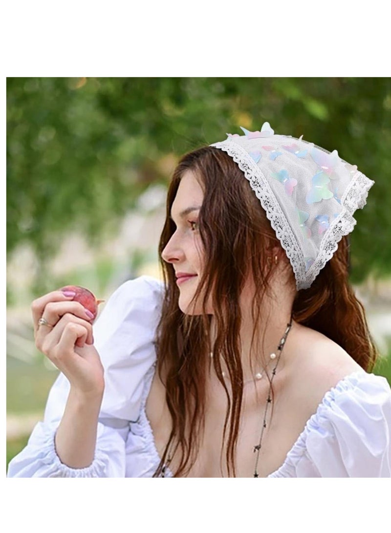 Butterfly Chiffon Hair Bandanas, Triangle Floral Hair Scarf Headbands, Print Lace Head Kerchief for Women and Girls (2 Pcs)