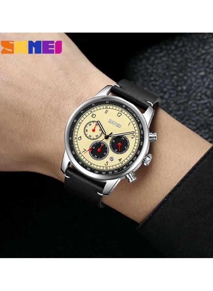 SKMEI 9318 Fashion Stopwatch Watch Mens Genuine Leather Strap Quartz Wristwatch