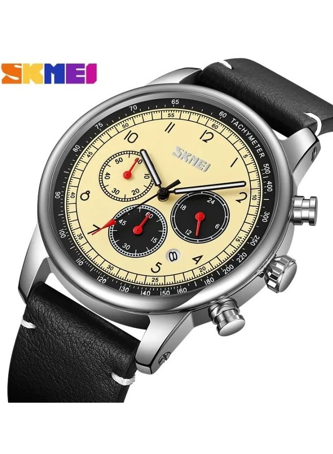 SKMEI 9318 Fashion Stopwatch Watch Mens Genuine Leather Strap Quartz Wristwatch