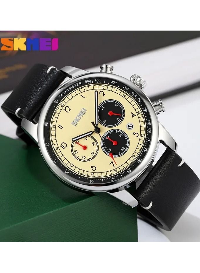 SKMEI 9318 Fashion Stopwatch Watch Mens Genuine Leather Strap Quartz Wristwatch