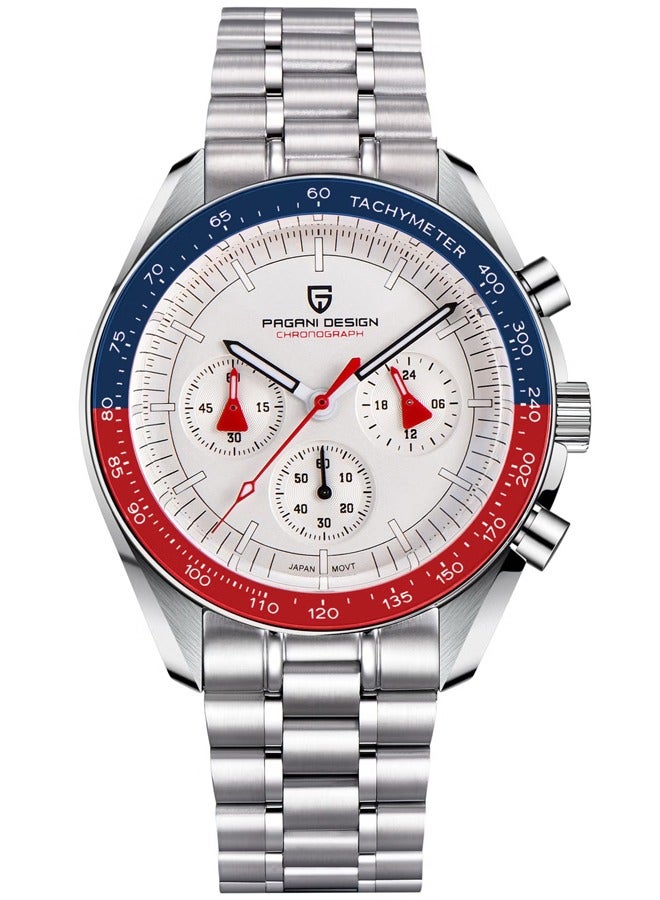 Men's Quartz Watches Metal Frame Blue Red Bezel White Dial Stainless Steel Strap Date Display Waterproof PD1701
