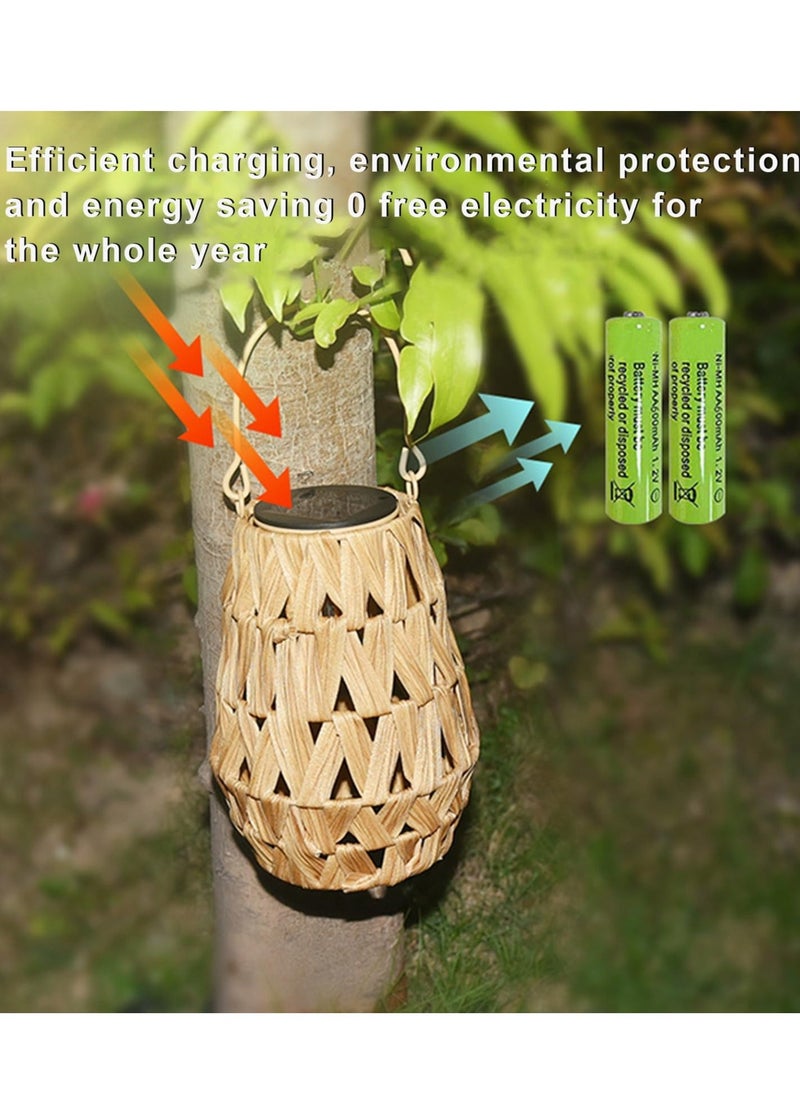 Outdoor Solar Lantern, LED Waterproof Rattan Lamp with Twine Handle, Handmade Bamboo Solar Light for Garden, Yard, Patio, Tree, Pathway, and Home Decoration, Wooden Color