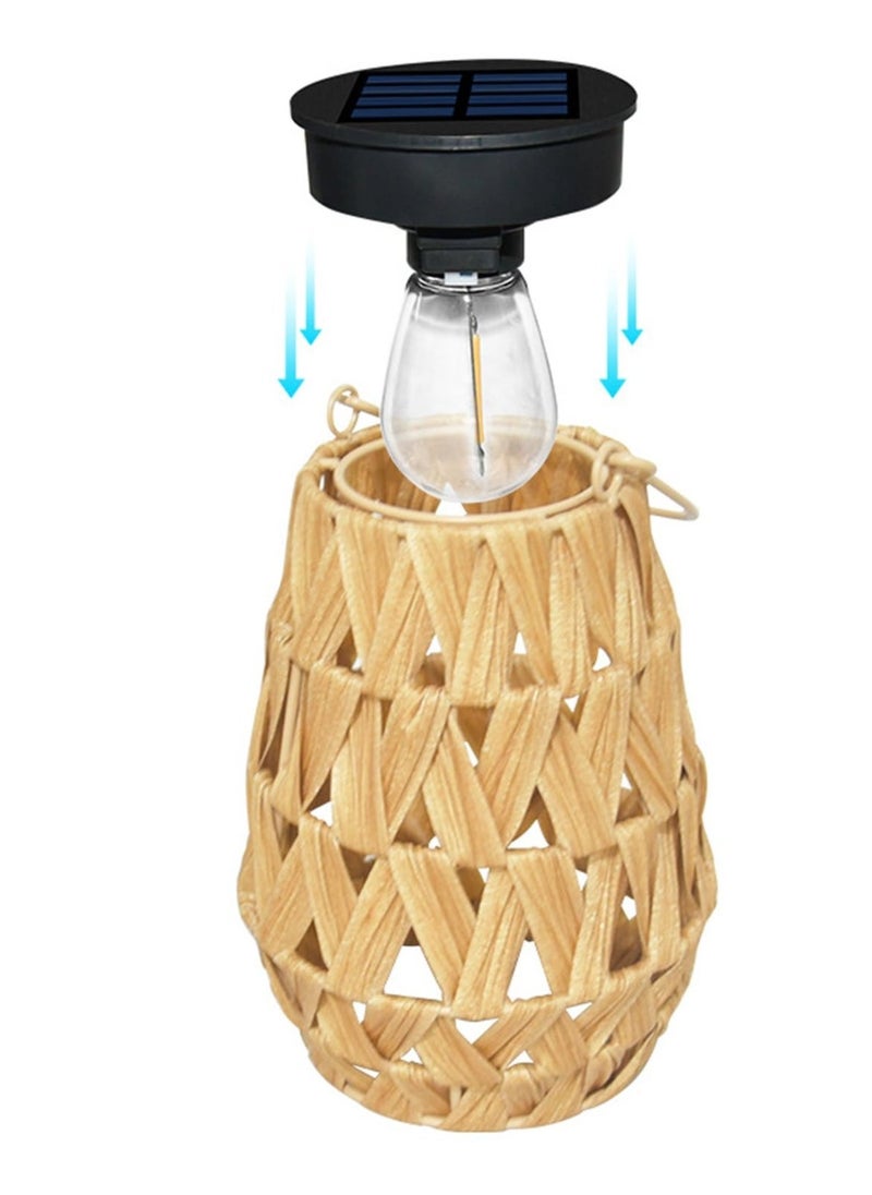 Outdoor Solar Lantern, LED Waterproof Rattan Lamp with Twine Handle, Handmade Bamboo Solar Light for Garden, Yard, Patio, Tree, Pathway, and Home Decoration, Wooden Color