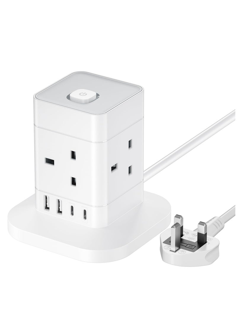 Cube Extension Lead with USB Slots, 4 Way Multi Plug Extension Socket with 2 USB C and 2 USB A, 13A 3250W Power Strip with Switch 1.5M Extension Cords for Desk Home Office Travel