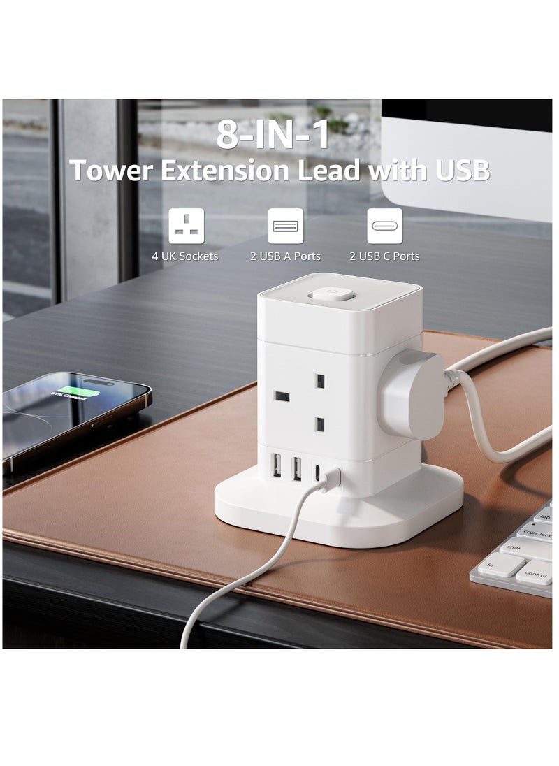 Cube Extension Lead with USB Slots, 4 Way Multi Plug Extension Socket with 2 USB C and 2 USB A, 13A 3250W Power Strip with Switch 1.5M Extension Cords for Desk Home Office Travel