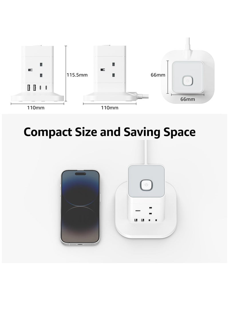 Cube Extension Lead with USB Slots, 4 Way Multi Plug Extension Socket with 2 USB C and 2 USB A, 13A 3250W Power Strip with Switch 1.5M Extension Cords for Desk Home Office Travel