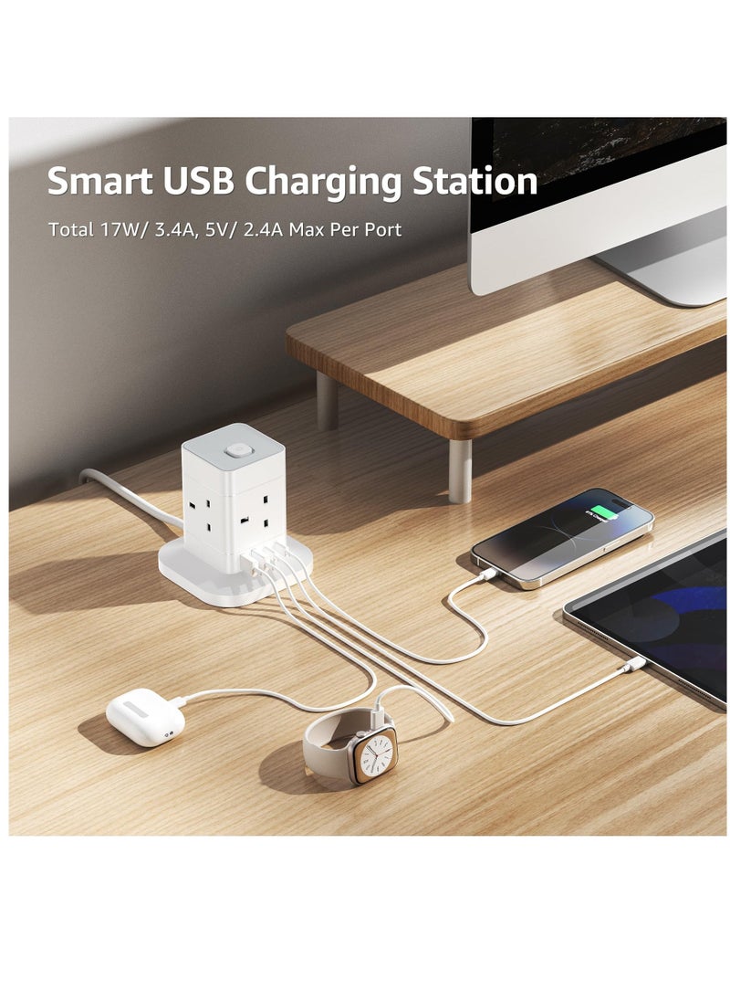 Cube Extension Lead with USB Slots, 4 Way Multi Plug Extension Socket with 2 USB C and 2 USB A, 13A 3250W Power Strip with Switch 1.5M Extension Cords for Desk Home Office Travel