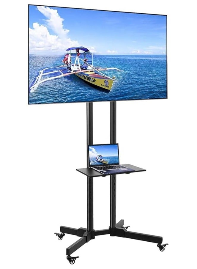 Mobile Rolling TV Cart with Lockable Wheels for 32-65inch LED Screen AV Carts & Stands, Tall TV Stand with Mount Height Adjustable Floor TV Stand Holds Up to 50KG Max VESA 600x400mm (Black)
