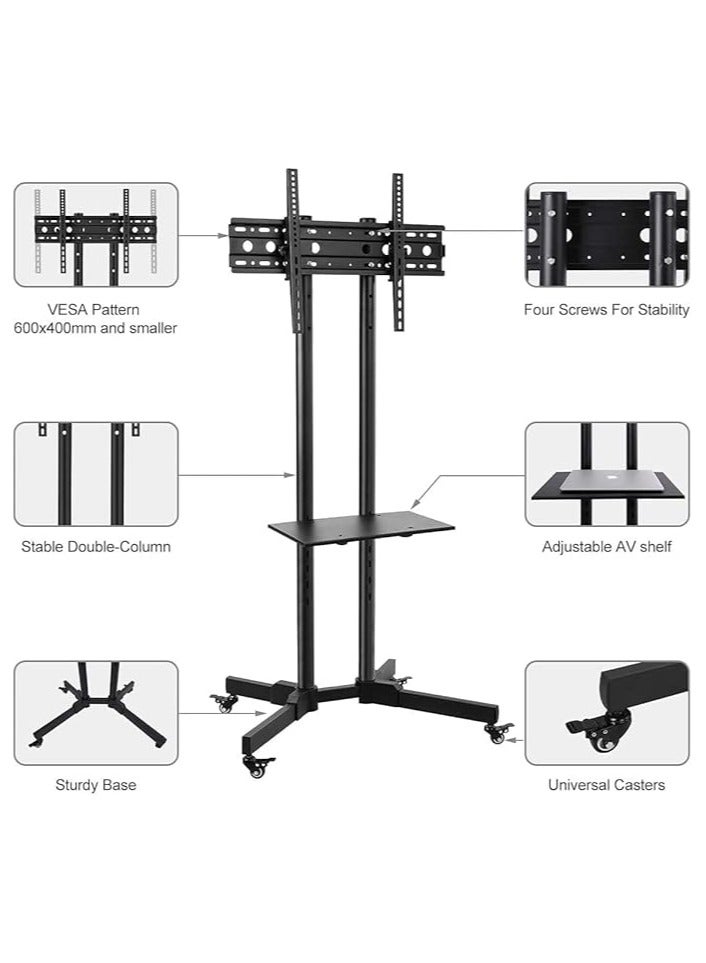 Mobile Rolling TV Cart with Lockable Wheels for 32-65inch LED Screen AV Carts & Stands, Tall TV Stand with Mount Height Adjustable Floor TV Stand Holds Up to 50KG Max VESA 600x400mm (Black)