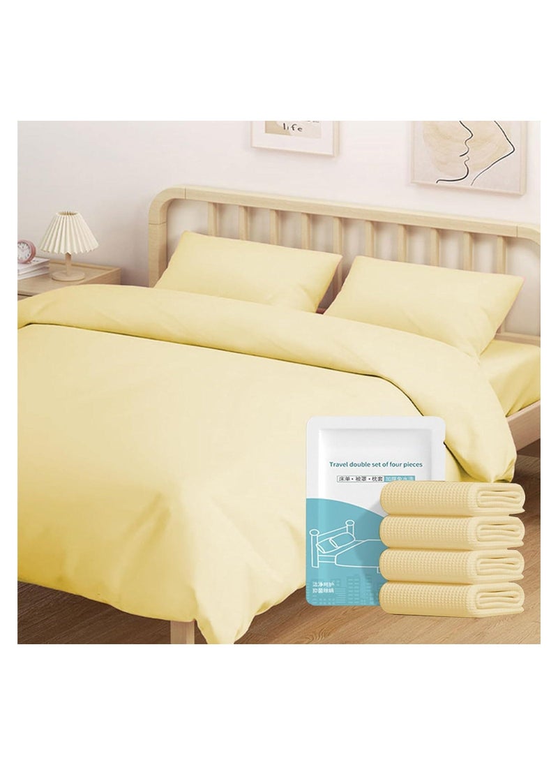 Disposable Bedding Set, for Travel & Emergency, Includes Bed Sheets, Quilt Cover, Pillow Case, and Bedspread, Thickened Material, Portable & Hygienic, Double Bed Size, Yellow, 4-Piece Set