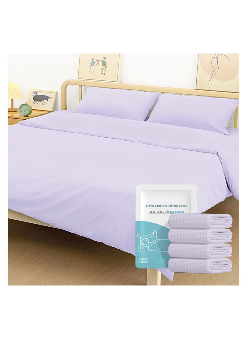 Disposable Bedding Set, for Travel & Emergency, Includes Bed Sheets, Quilt Cover, Pillow Case, and Bedspread, Thickened Material, Portable & Hygienic, Double Bed Size, Purple, 4-Piece Set