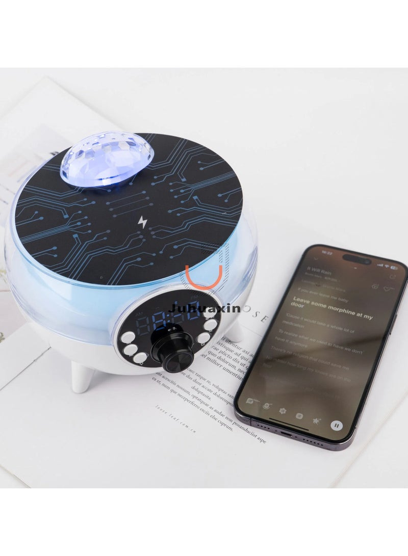 Bluetooth Speaker with Lights, 15W Wireless Charger with Ambient Lighting, 5 in 1 Galaxy Star Projector Table Lamp and Alarm Clock, Night Light Bedside Lamp for Bedroom Home Decor Birthday Gifts