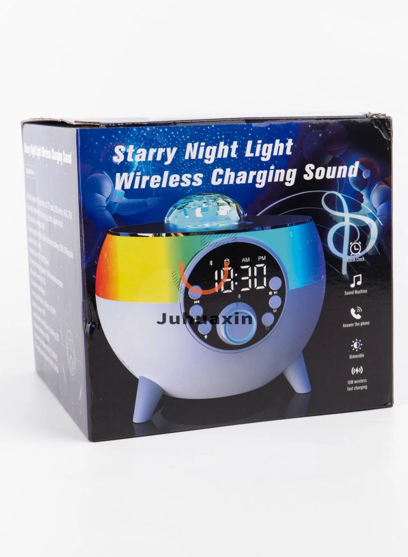 Bluetooth Speaker with Lights, 15W Wireless Charger with Ambient Lighting, 5 in 1 Galaxy Star Projector Table Lamp and Alarm Clock, Night Light Bedside Lamp for Bedroom Home Decor Birthday Gifts