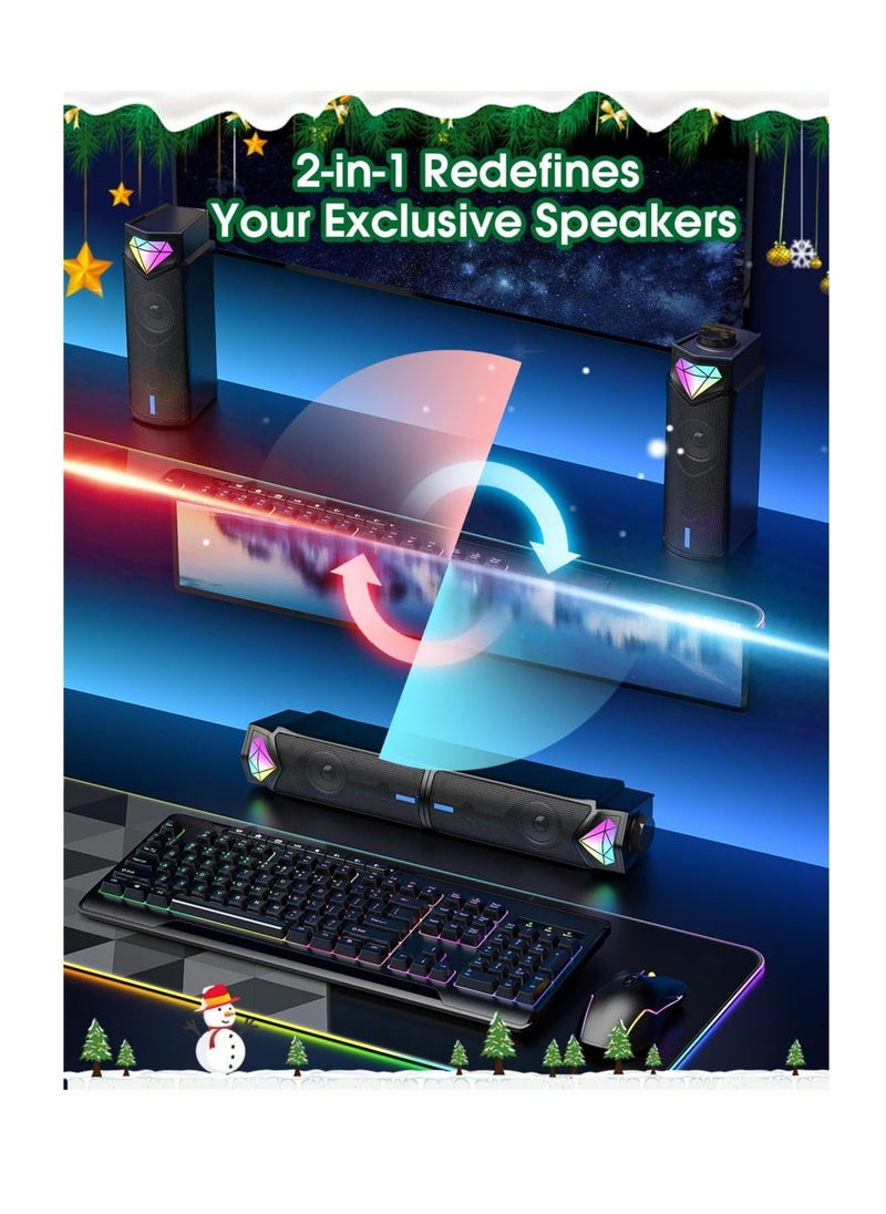 Computer Speakers for PC Desktop Monitor, Bluetooth Dynamic RGB Computer Sound Bar, Dual HiFi Stereo & Gradient RGB Lighting, USB Powered Speakers, for PC Laptop Tablet Desktop(Include C Adapter)