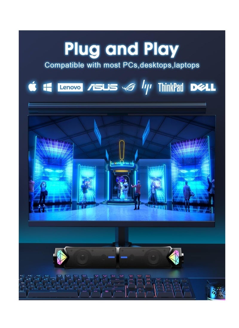 Computer Speakers for PC Desktop Monitor, Bluetooth Dynamic RGB Computer Sound Bar, Dual HiFi Stereo & Gradient RGB Lighting, USB Powered Speakers, for PC Laptop Tablet Desktop(Include C Adapter)