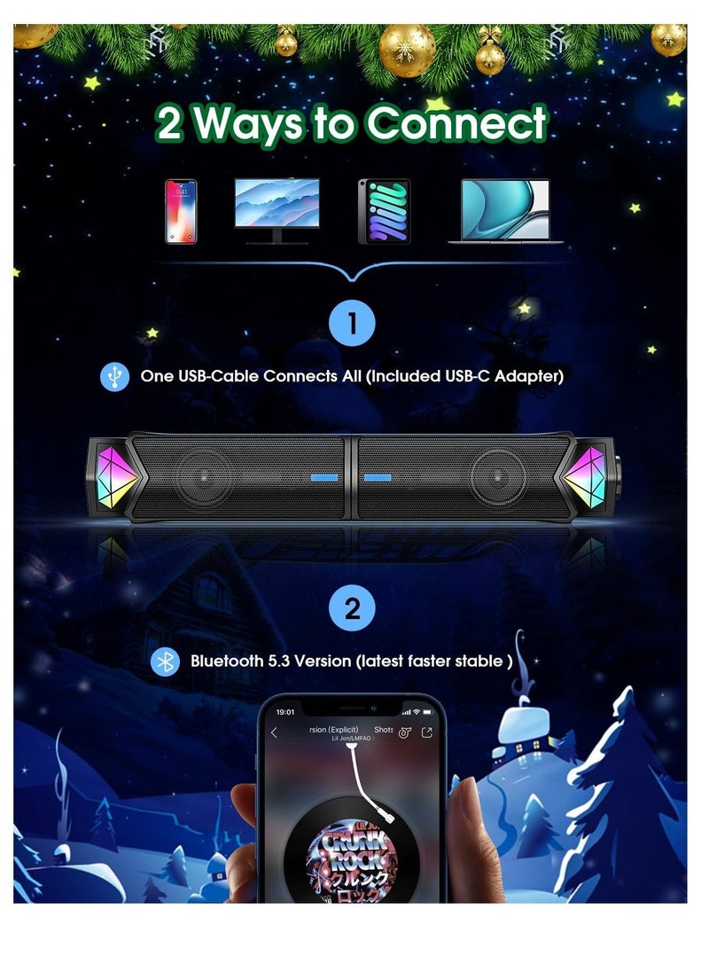 Computer Speakers for PC Desktop Monitor, Bluetooth Dynamic RGB Computer Sound Bar, Dual HiFi Stereo & Gradient RGB Lighting, USB Powered Speakers, for PC Laptop Tablet Desktop(Include C Adapter)