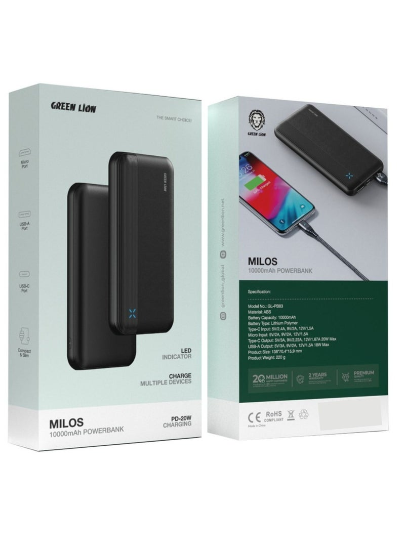 Milos 10000mAh Power Bank, PD 20W, LED Indicator, Lithium Polymer Battery, Compact & Slim - Black