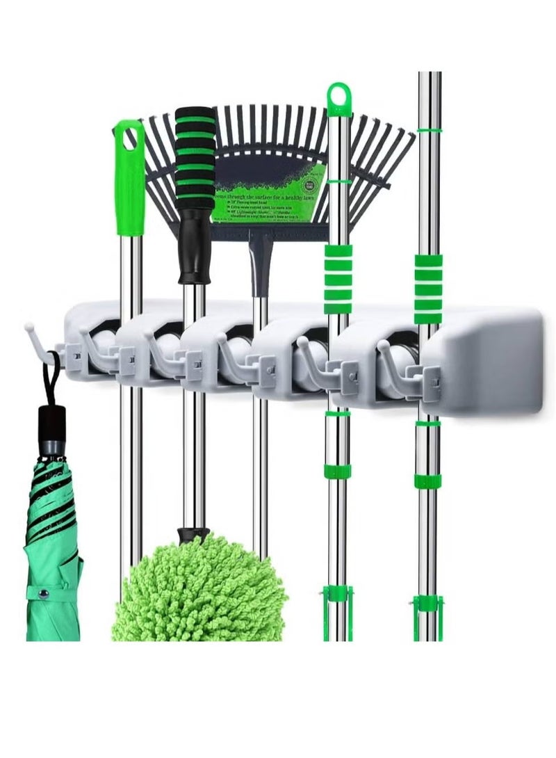 Wall-Mounted Broom Holder | 5-Position Rack & 6 Hooks for Home, Garage, and Garden Tool Organization