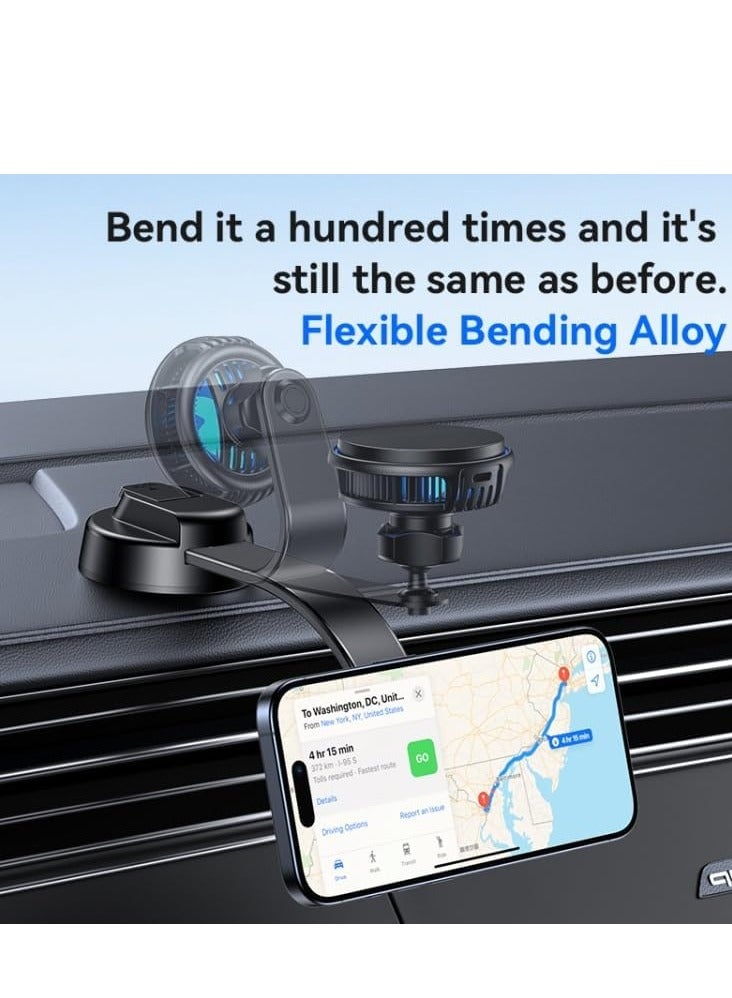 Semiconductor Cooling 15W Magnetic Wireless Charging Car Holder | Dual Ambient Lighting, Vacuum Nano Suction Cup, Flexible Aluminum Bracket (Black)