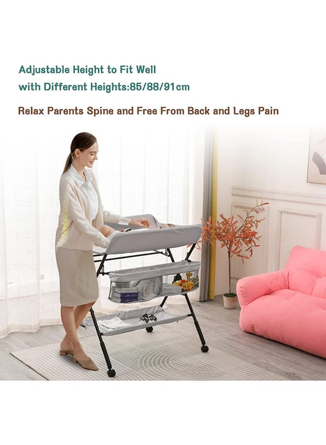 Portable Baby Changing Table Dresser With Wheels, Bottom Rack, Side Basket And Clothes Rail, Grey