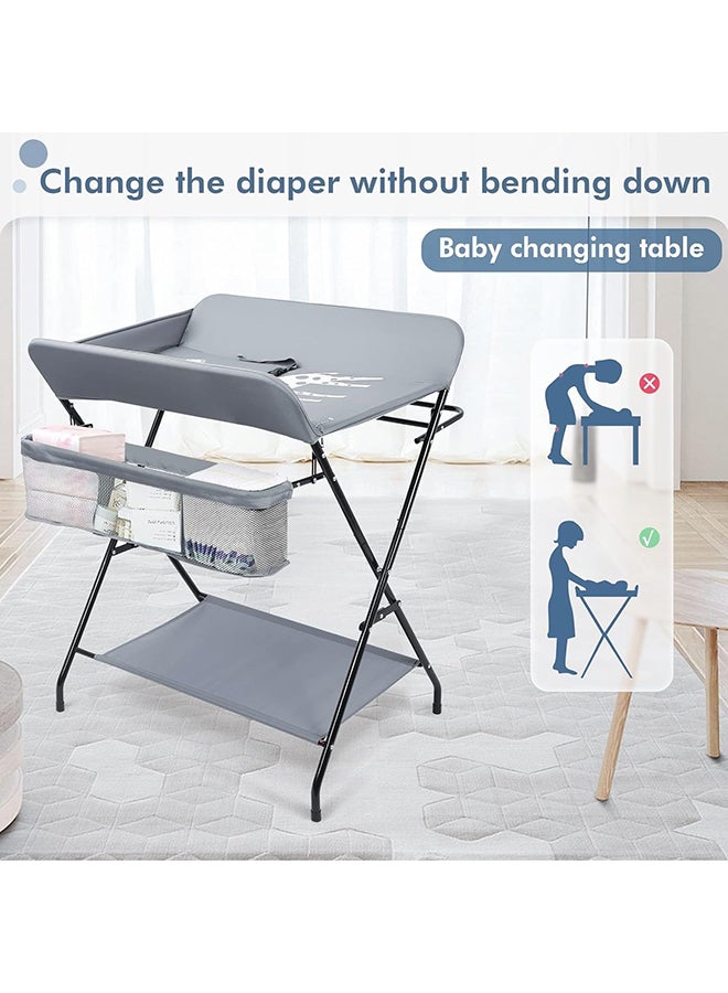 Portable Baby Changing Table Dresser With Wheels, Bottom Rack, Side Basket And Clothes Rail, Grey