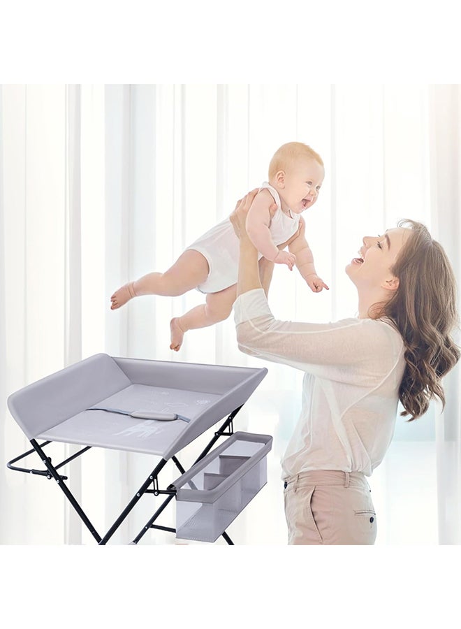Portable Baby Changing Table Dresser With Wheels, Bottom Rack, Side Basket And Clothes Rail, Grey