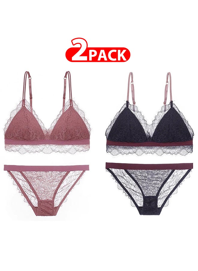 2 Packs For Women's Medium Size Bra and Panty Set Bra Lace Lash Floral Briefs Underwear Triangle Cup Young Girls Underwear Lingerie Bra and Panties Set Multicolour