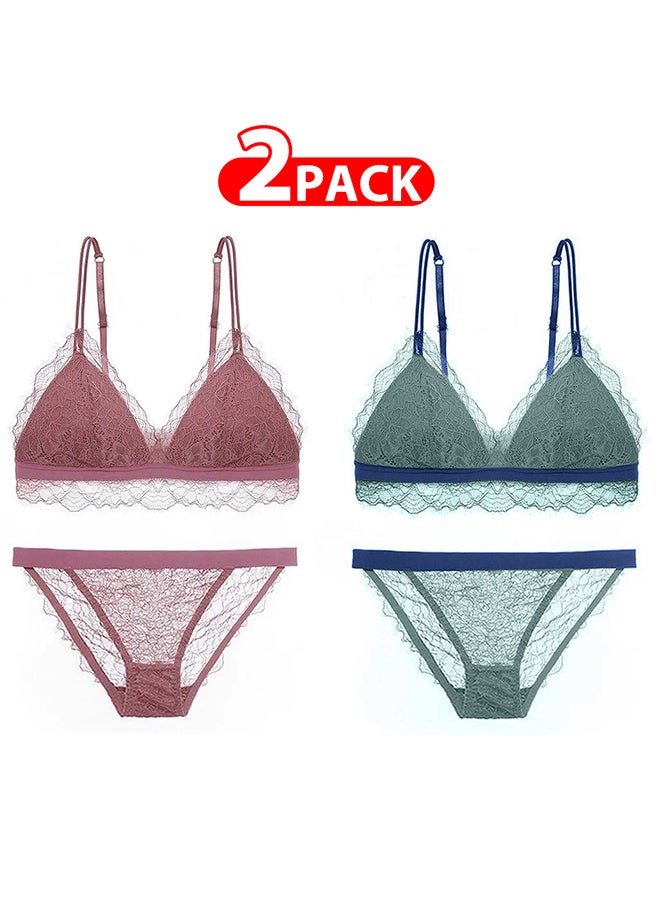 2 Packs For Women's Medium Size Bra and Panty Set Bra Lace Lash Floral Briefs Underwear Triangle Cup Young Girls Underwear Lingerie Bra and Panties Set Multicolour