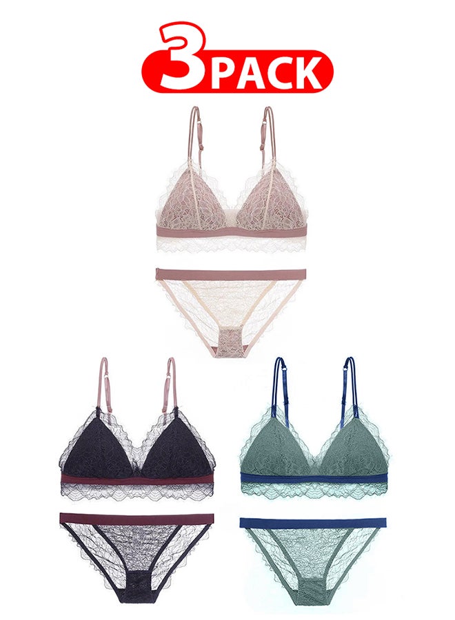 3 Packs For Women's Medium Size Bra and Panty Set Bra Lace Lash Floral Briefs Underwear Triangle Cup Young Girls Underwear Lingerie Bra and Panties Set Multicolour