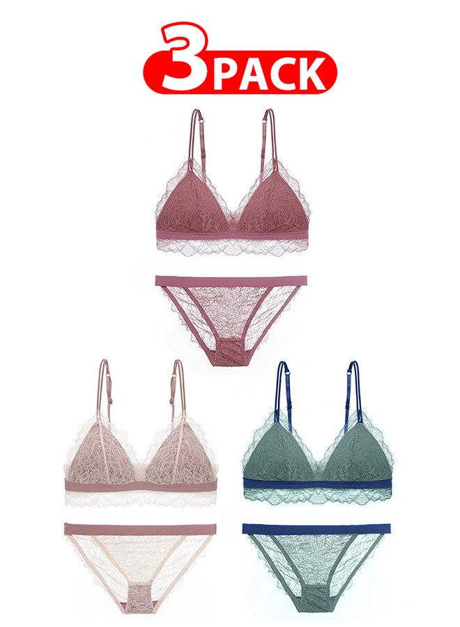 3 Packs For Women's Large Size Bra and Panty Set Bra Lace Lash Floral Briefs Underwear Triangle Cup Young Girls Underwear Lingerie Bra and Panties Set Multicolour