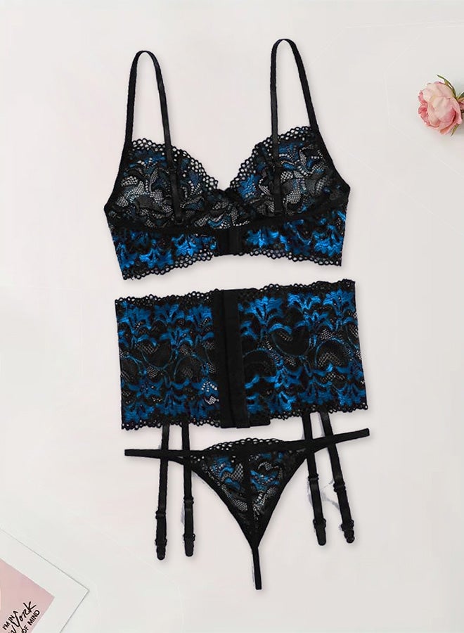 Women XL Lingerie Set Transparent Lace Lingerie Set Passion Outfit Sleepwear Babydoll Set Suspenders Deep V Bodysuit Corset Nightwear Blue