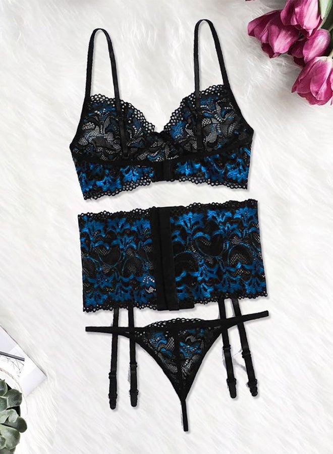 Women XL Lingerie Set Transparent Lace Lingerie Set Passion Outfit Sleepwear Babydoll Set Suspenders Deep V Bodysuit Corset Nightwear Blue