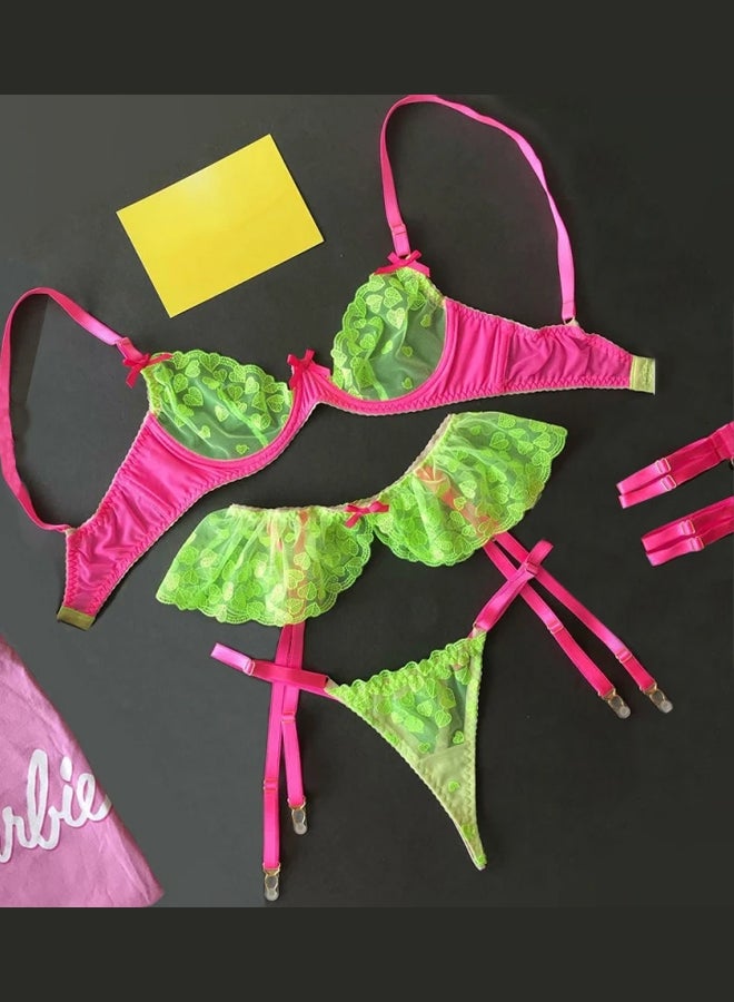 Ladies Large Size Lingerie Set Garter Belt Neon Green Lace Bra Push-up Bra Set Lingerie Green/Pink /L(Bust:88-92/Waist:72-76/Hip:96-100)