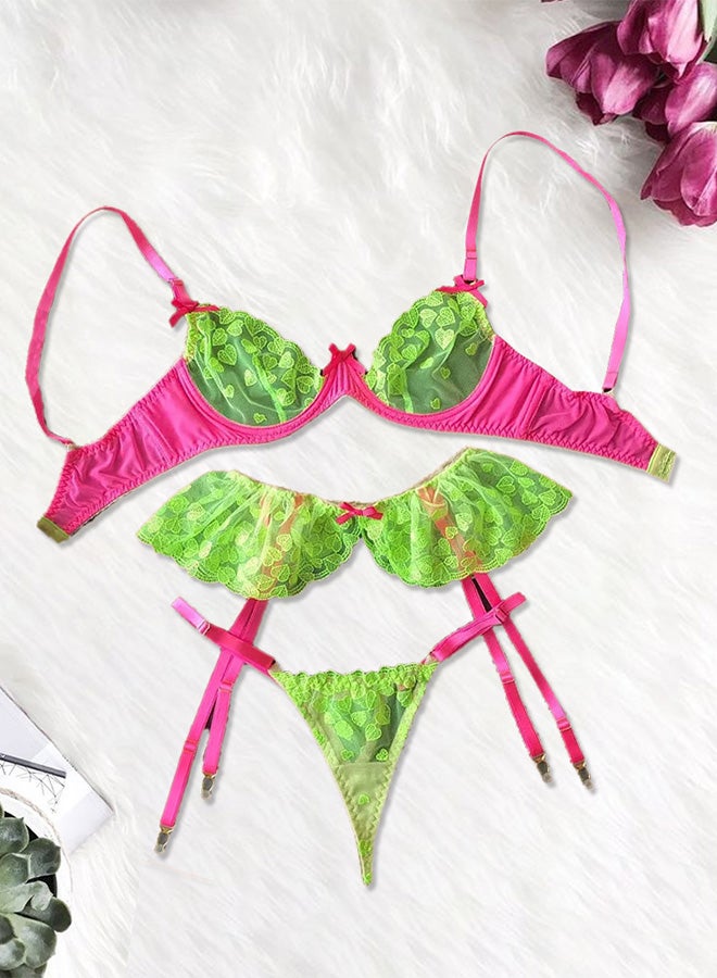Ladies Large Size Lingerie Set Garter Belt Neon Green Lace Bra Push-up Bra Set Lingerie Green/Pink /L(Bust:88-92/Waist:72-76/Hip:96-100)