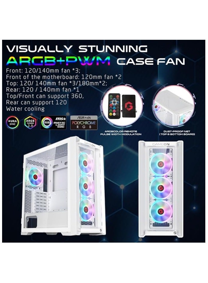 Vortex Arctic Series Mid Tower PC Gaming Case 120mm ARGB+PWM Lighting 0.8mm Tempered Glass Pre-installed 4 RGB Cooling Fans Computer case Dust Filters Wide Motherboard Compatibility White