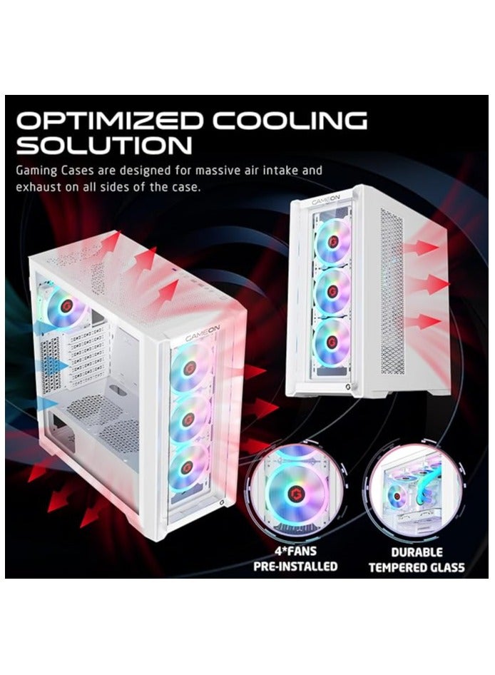 Vortex Arctic Series Mid Tower PC Gaming Case 120mm ARGB+PWM Lighting 0.8mm Tempered Glass Pre-installed 4 RGB Cooling Fans Computer case Dust Filters Wide Motherboard Compatibility White