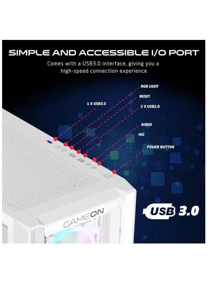 Vortex Arctic Series Mid Tower PC Gaming Case 120mm ARGB+PWM Lighting 0.8mm Tempered Glass Pre-installed 4 RGB Cooling Fans Computer case Dust Filters Wide Motherboard Compatibility White