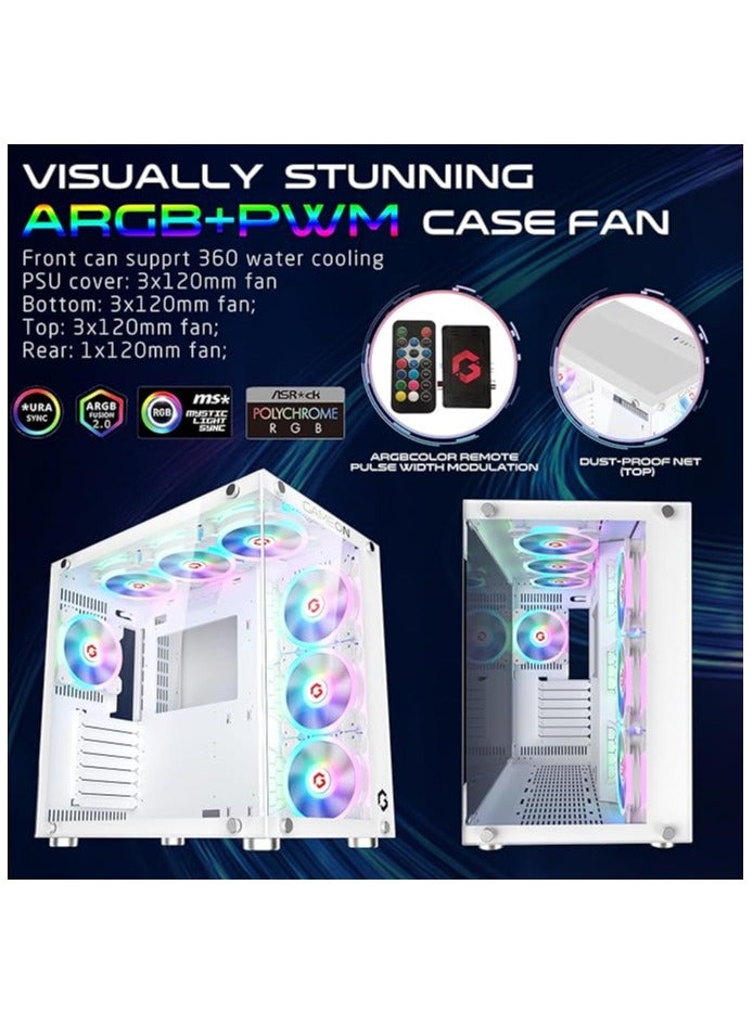 Emperor Arctic Il Series Mid Tower PC Gaming Case 120mm ARGB+PWM Lighting Tempered Glass Pre-installed 7 RGB Cooling Fans Computer case Dust proof Wide Motherboard Compatibility White