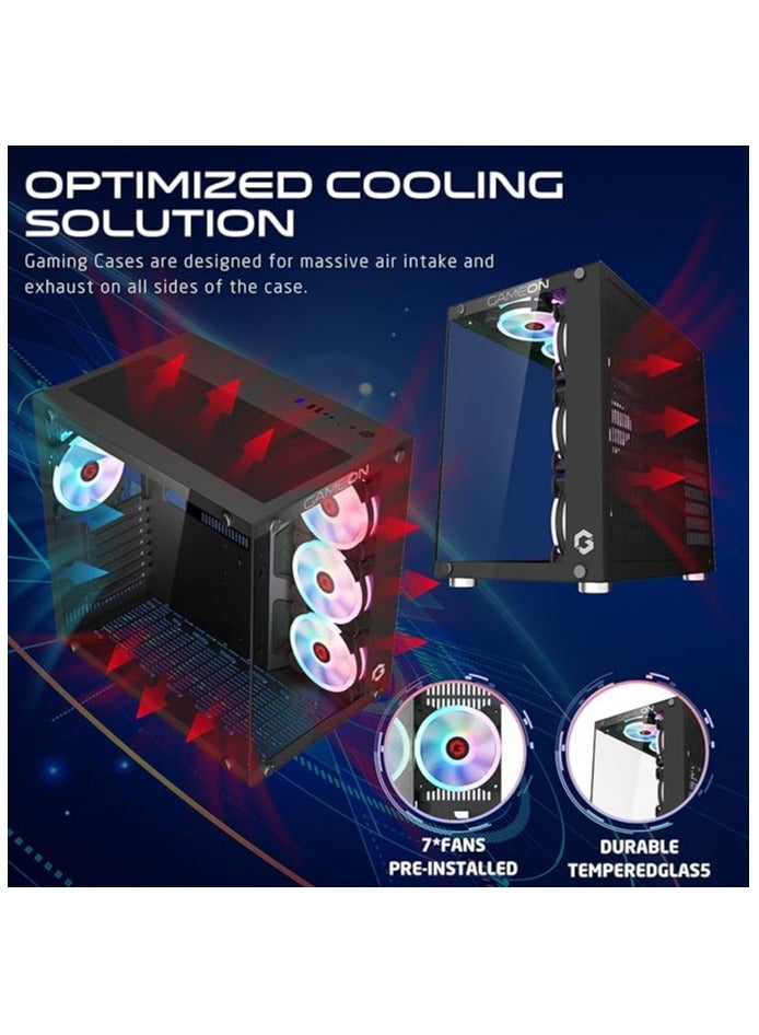 Emperor Midnight I Series Mid Tower PC Gaming Case 120mm ARGB+PWM Lighting Tempered Glass Pre-installed 7 RGB Cooling Fans Computer case Dust Filters Wide Motherboard Compatibility Black