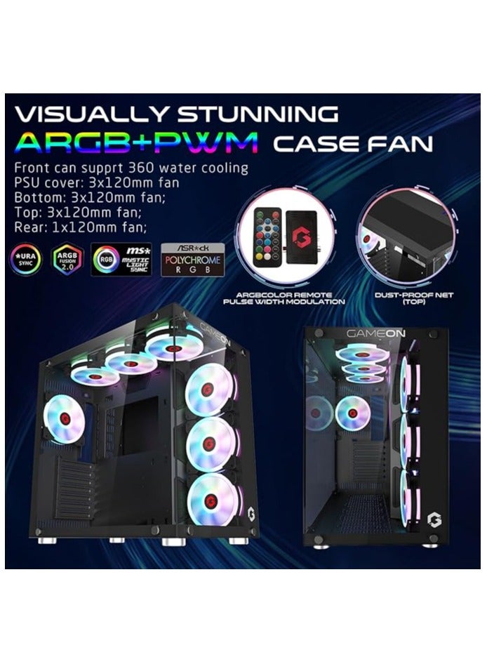 Emperor Midnight I Series Mid Tower PC Gaming Case 120mm ARGB+PWM Lighting Tempered Glass Pre-installed 7 RGB Cooling Fans Computer case Dust Filters Wide Motherboard Compatibility Black