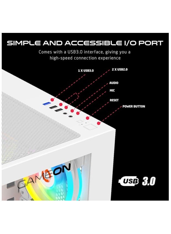 Emperor Artic Series Mid Tower PC Gaming Case 120mm ARGB+PWM Lighting Tempered Glass Pre-installed Cooling Fans Computer case Dust Filters Wide Motherboard Compatibility White