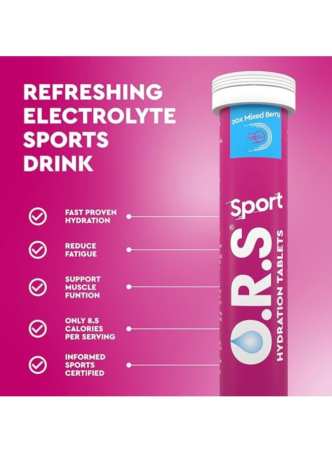 O.R.S Sport Hydration Tablets with Electrolytes, Vegan, Gluten & Lactose Free Formula – Soluble Oral Rehydration Tablets with Natural Mixed Berry Flavour, Low Calorie, Adult & Children, 20 Tablets Pack of 2