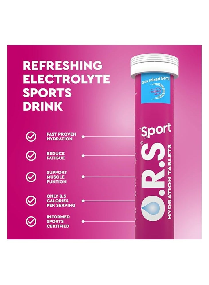 O.R.S Sport Hydration Tablets with Electrolytes, Vegan, Gluten & Lactose Free Formula – Soluble Oral Rehydration Tablets with Natural Mixed Berry Flavour, Low Calorie, Adult & Children, 20 Tablets pack of 4