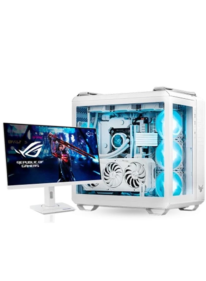 GT 502 TUF White Edition Gaming PC - Intel Core i7-14700K 20 Cores 28 Threads, NVIDIA RTX 4070 Ti Super 16GB, 32GB DDR5 RAM 5600MHz, 1TB SSD Gen 4, 850W GOLD PSU, 360mm Liquid Cooler, Wi-Fi + BT + ASUS XG27ACS-W 27 INCH 180HZ Monitor White