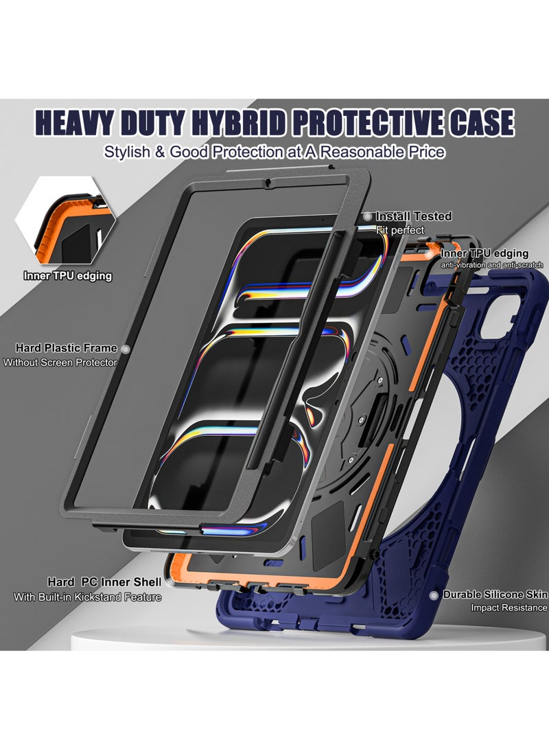 Case for iPad Pro 11-inch (2024) M4 Chip Model A2836 A2837 Heavy Duty Rugged Durability Silicone Tablet Cover with 360° Rotating Hand Strap Foldable Hidden Stand & Shoulder Strap