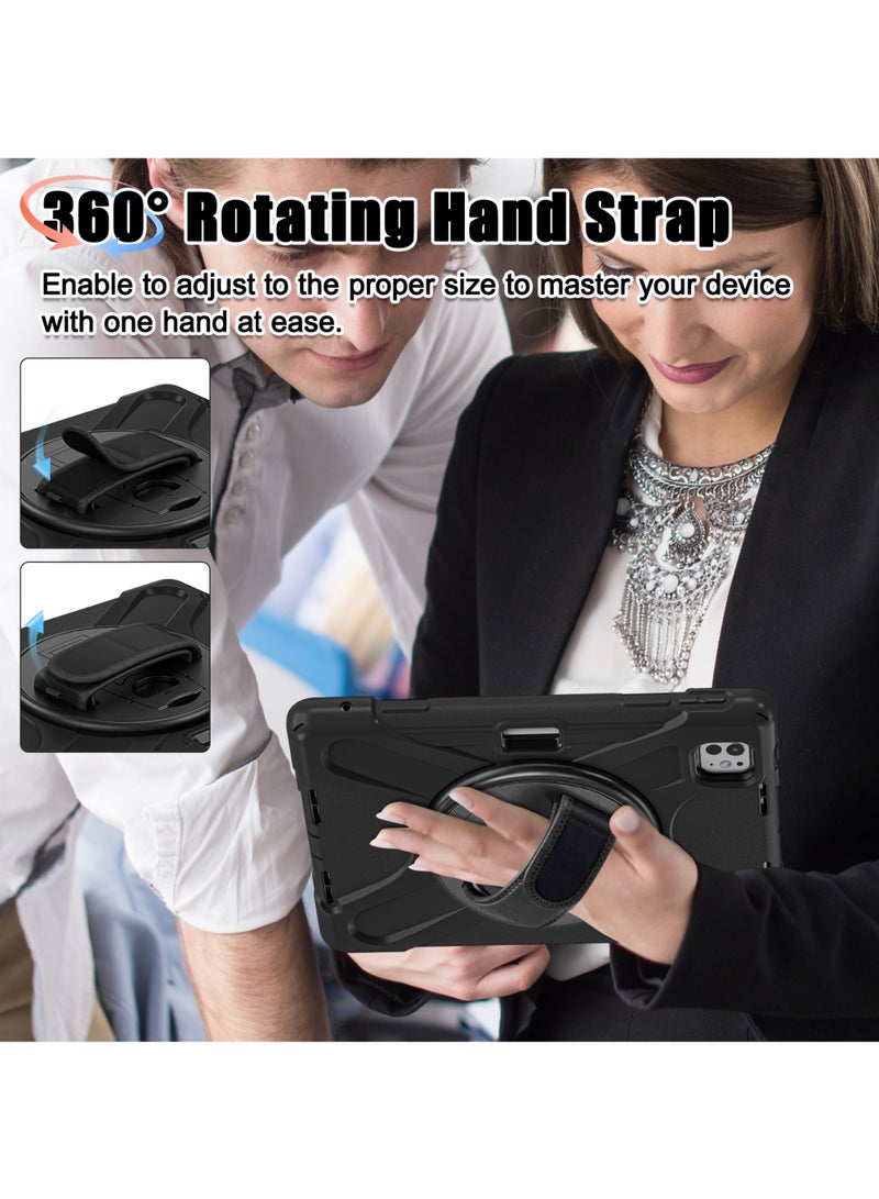 Case for iPad Pro 11-inch (2024) M4 Chip Model A2836 A2837 Heavy Duty Rugged Durability Silicone Tablet Cover with 360° Rotating Hand Strap Foldable Hidden Stand & Shoulder Strap